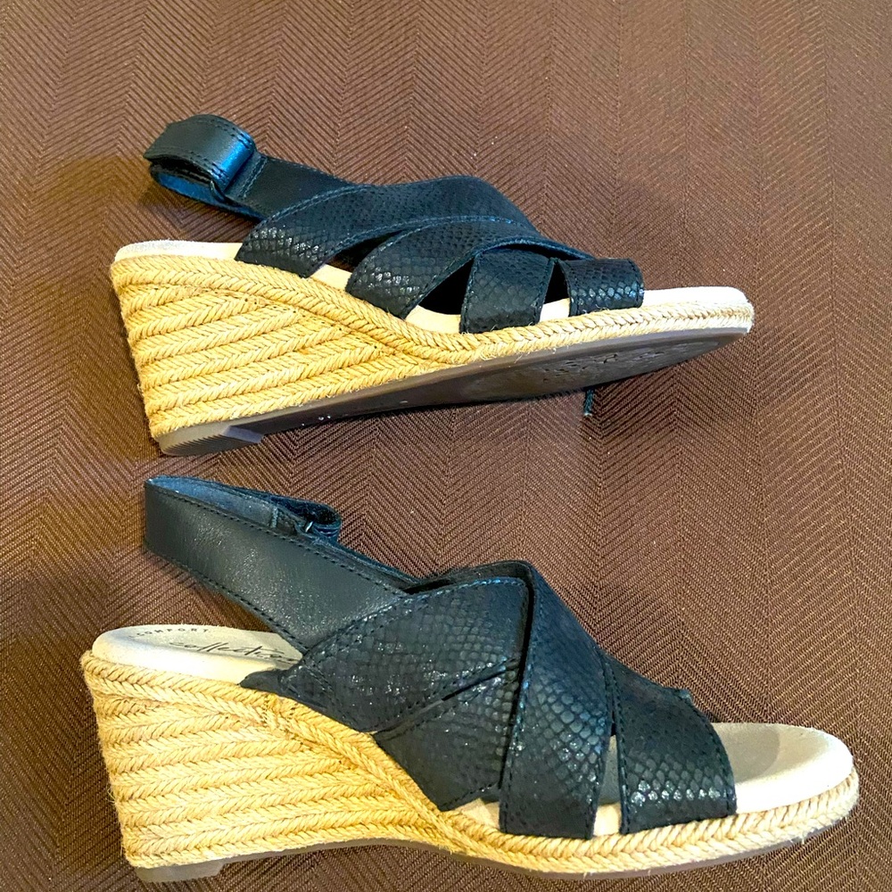 Black Wedge Sandals with Braided Tan Sole